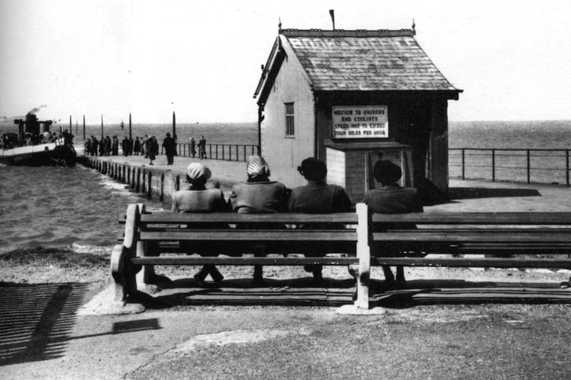 Knott End ferry and slipway 1950. Passengers arriving on the steam ferry across the Wyre estuary from Fleetwood