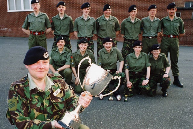 Young Army Cadets from South Shields Army Training Corps, based at Londonderry Hall in Dean Road, won first place in the Durham County Shooting Competition. Staff Sgt Pasul Guy holds the trophy.