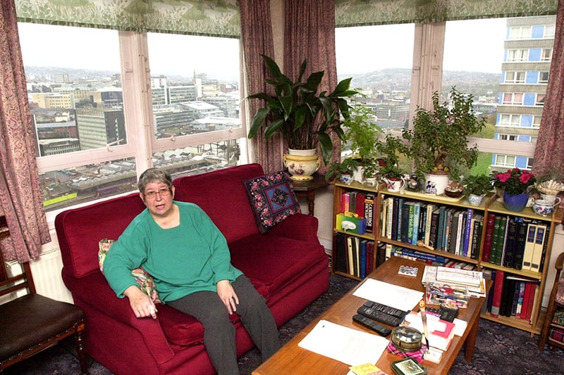 Val Stokes in her 7th floor flat  in the Claywood Tower. She loves her flat and the views it has across the city. November 9, 2000