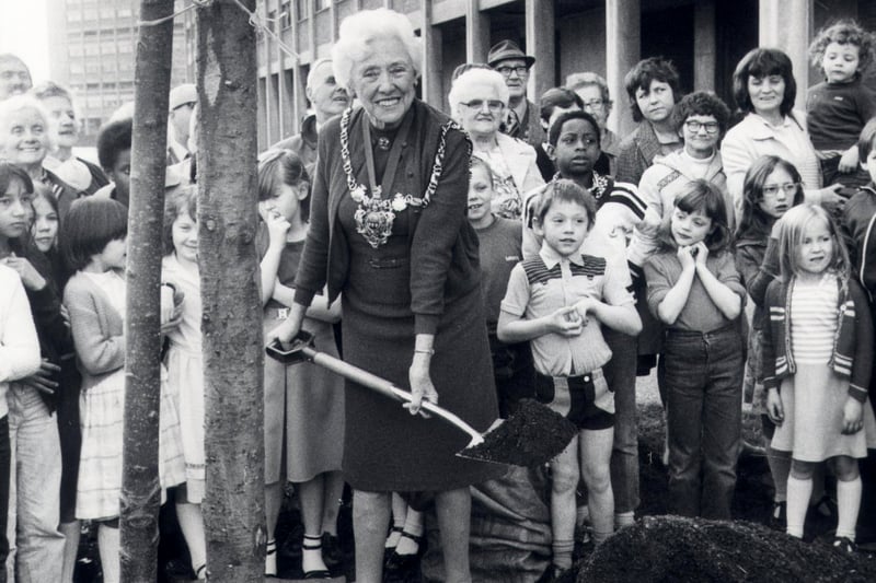 Coun Enid Hattersley Lord Mayor of Sheffield tree planting at Kelvin Flats - March 26 1982. It was replaced by the Philadelphia housing estate.