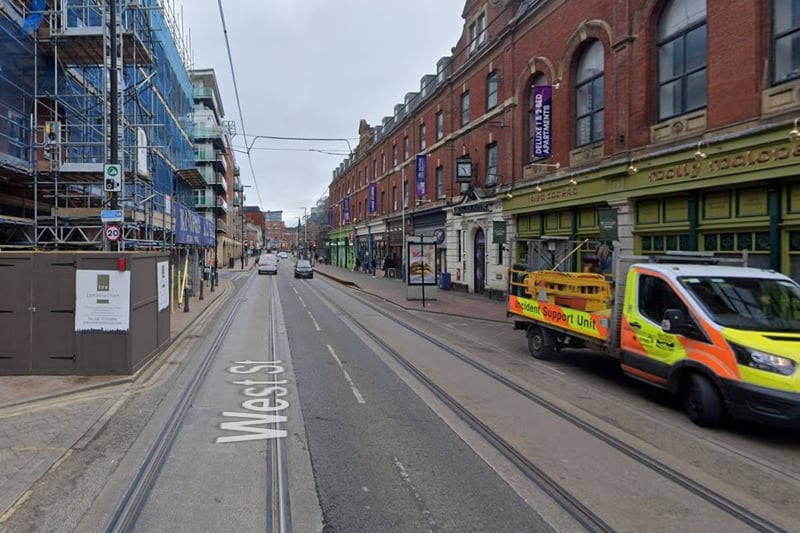 The highest number of reports of offences that took place in Sheffield in January 2024 were made in connection with incidents that took place on or near West Street, Sheffield city centre, with 40