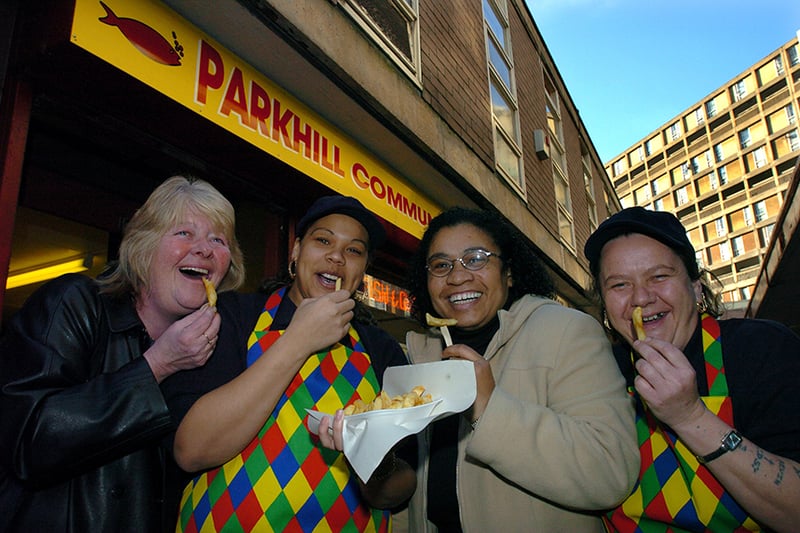 Trying out chips at Park Hill Community Fisheries, from left: Denise Ford, Chair of Park Hill Tenants Association; Alishia Juels, staff; Christine Kamara, secretary Park Hill Tenants Association, and Dawn Norton, staff, December 10 2003.