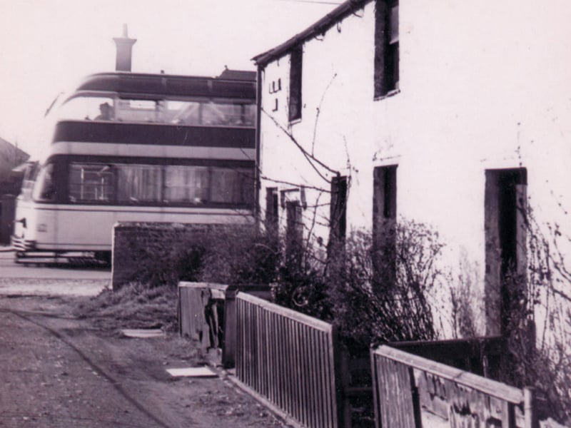 Balloon type tram passes Stony Croft cottages, Lytham Road, 1945