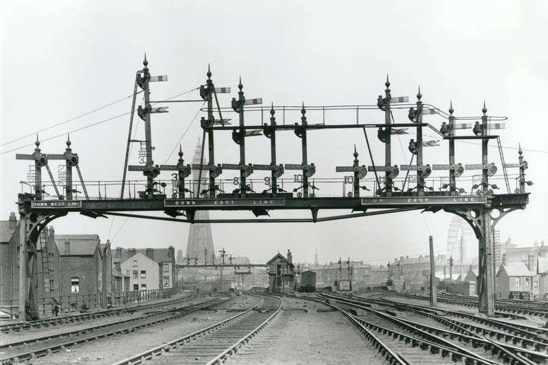 The signalling gantry controlling the approaches to Blackpool Central station, 1921