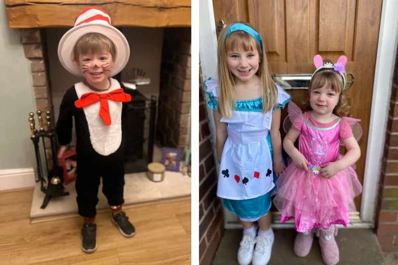 L: Oliver age 3 as Cat in the Hat. R: Isla-Rae age 7 as Alice in Wonderland and Aida-Jayne age 2 is Peppa Pig 