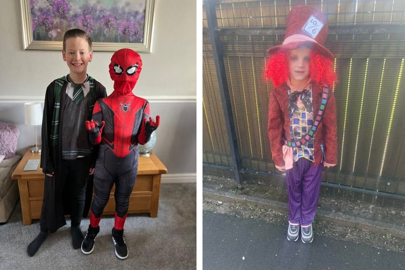 L: James age 11 as Draco Malfoy & Tommy age 8 as Spiderman. R: Logan 8 as Mad Hatter