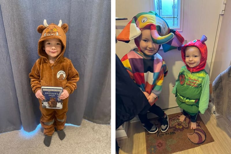 L: Oakley age 3 as the gruffalo . R: Eliza age 4 as Elmer the elephantand Theodore age 2
as the very hungry caterpillar 