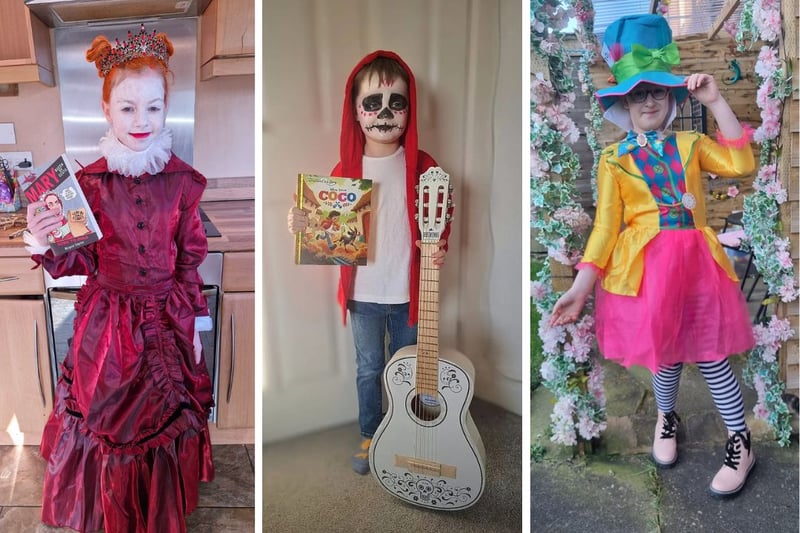 L to R: Myla age 11 as Mary Queen of Scots, Archie age 5 as Miguel from Coco, Scarlett age 10 as Mad Hatter 