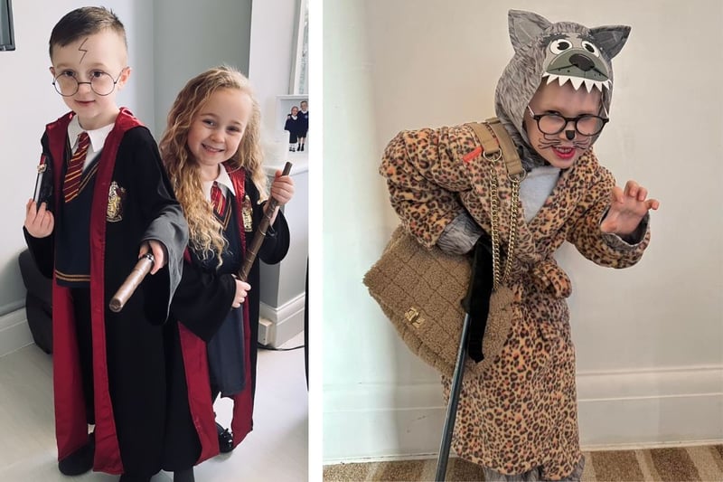 L: Leo and Lottie as Harry and Hermione. R: Roman age 6 as Grandma (Wolf)
from Little Red Riding Hood