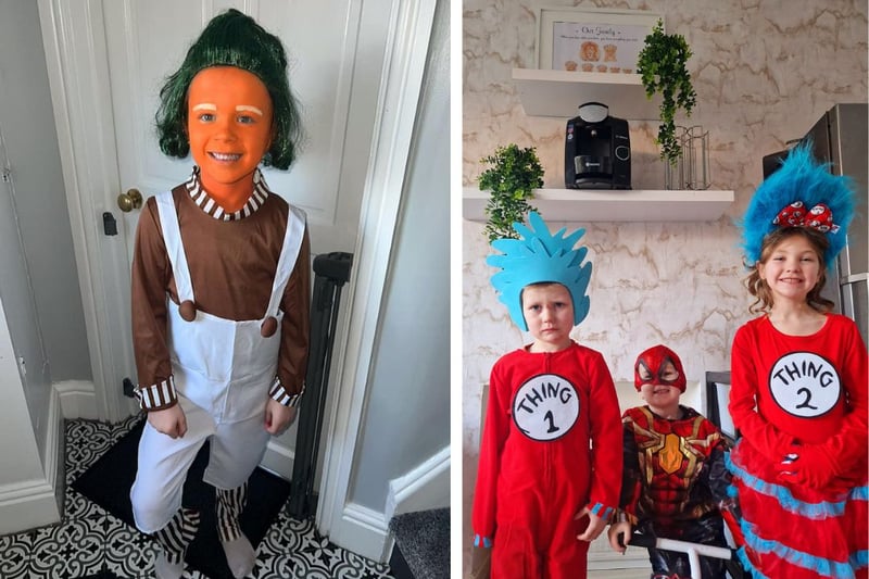 L: Willow age 6 as an Oompa Loompa. R: Thing 1, Thing 2
 and Spiderman