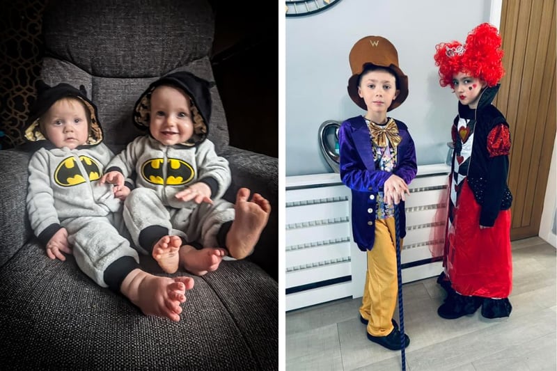 L: Damon and Dominic aged 11 months as Batman. R: Stan and Scarlett age 9 as Willy Wonka and the Queen of Hearts