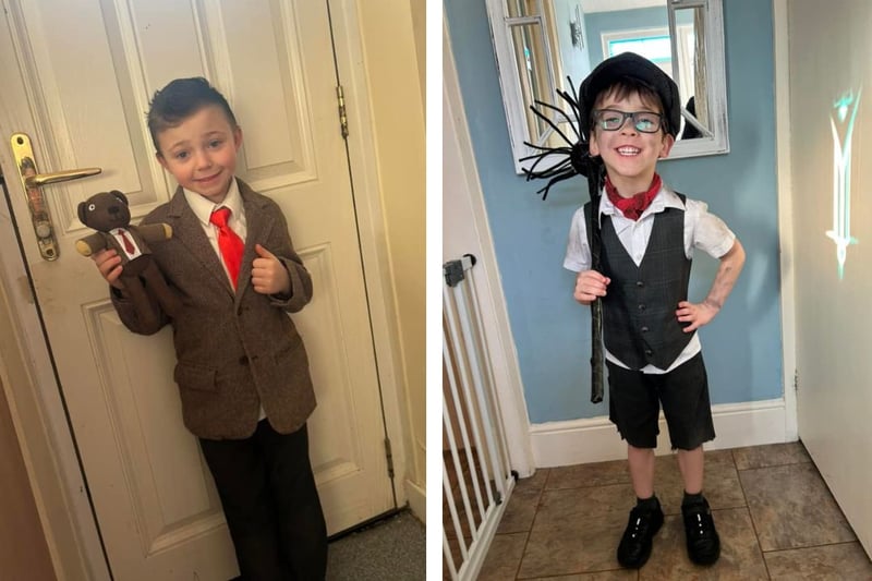 L: Laaston age 6 as Mr Bean. R: Ewan age 5 as Bert from Mary Poppins
