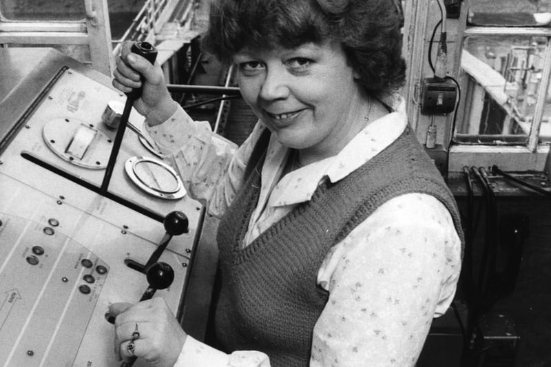 This is Christine Moss, who had become the first woman operator of the railway swing bridge at Selby. Pictured in February 1985.