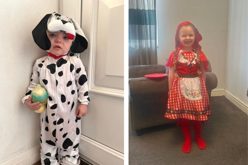 L: Delilah age 1 as a Dalmatian age 1. R: Lucy age 4 as Little Red Riding