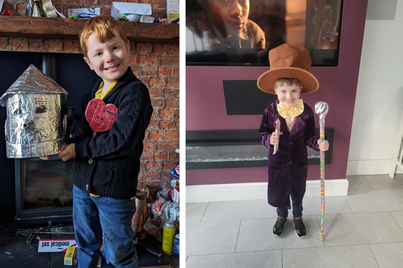 L: Leo age 4 as the Tin Man. Right: R: Oscar age 5 as Mr Wonka