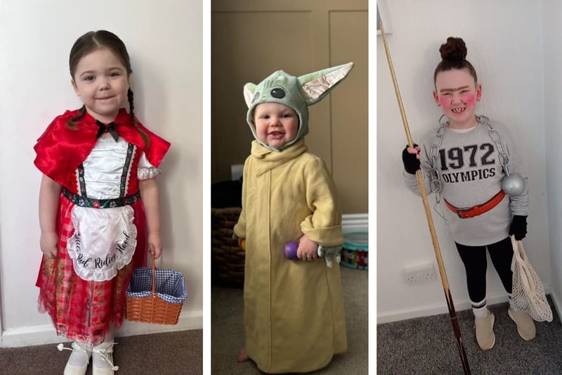 L to R: Autumn-Lily age 3 as Little Red Riding Hood, Baby Yoda age 1, and Frankie age 7 as Miss Trunchbull