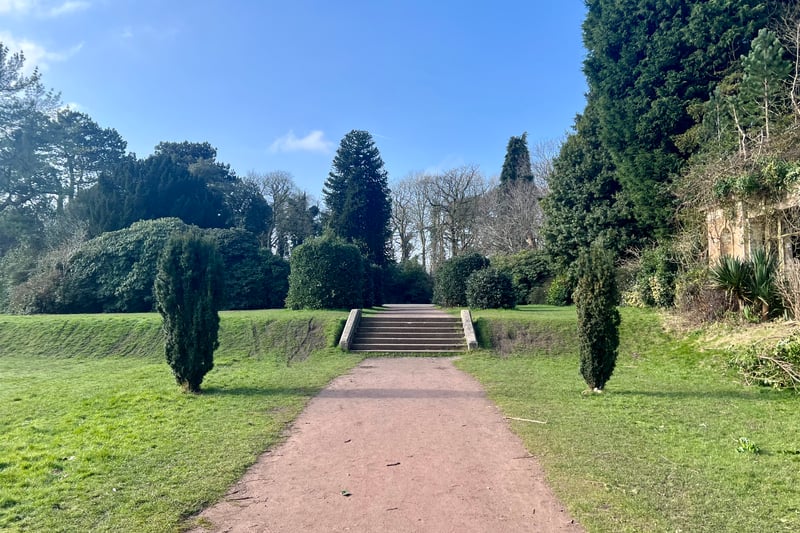 The pathway leads to a beautiful green space and, of course, the remains of Allerton Tower. Due to severe damage, the tower was demolished in 1937 but the lodge, stables, former laundry and part of the orangery of tower remain.