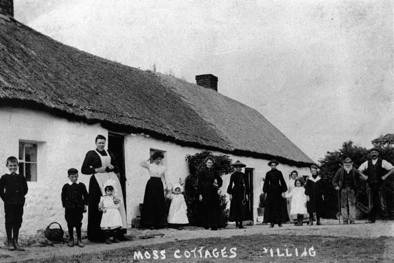Farming was a way of life throughout the Fylde and Over Wyre for centuries. The thatched Moss Cottages were to be found in Moss House Lane, Pilling. The tall lady (left) was Mrs Betty Isles