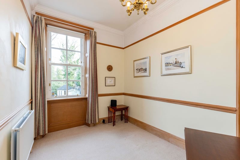 The property benefits from this home office / bedroom with window to rear with open outlook over the garden. The room includes display cabinets, dado rail, picture rail, cornicing and a ceiling rose.