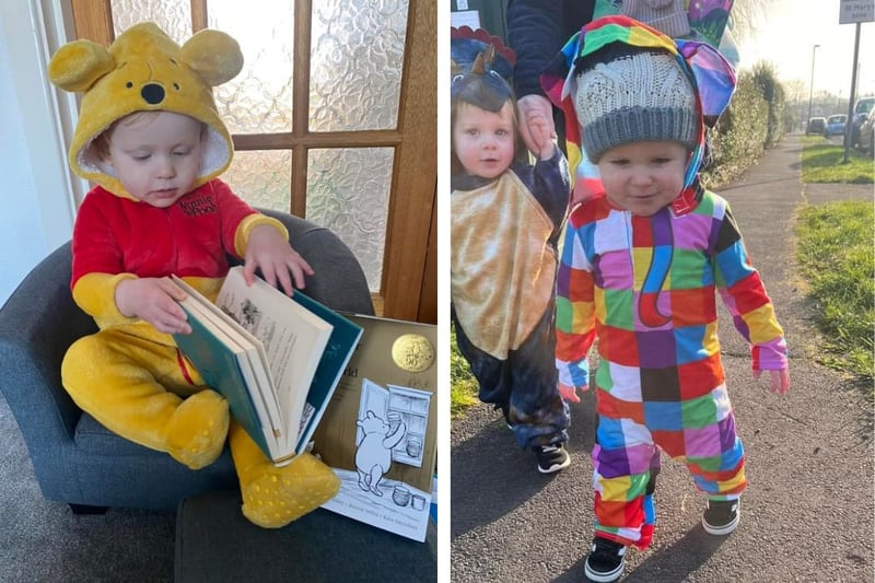 L: Harry age 17 months as Winnie the Pooh. Right: Roman as Elmer the elephant