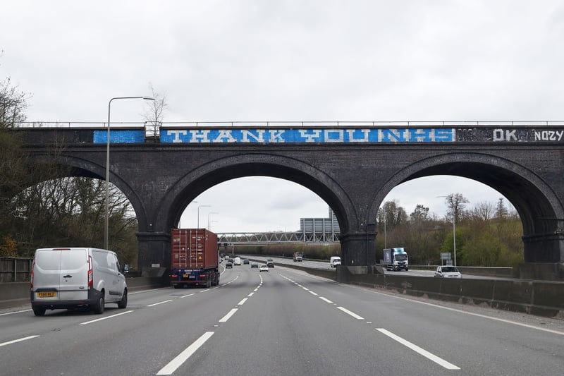 A view of the Chalfont Viaduct over the M25 motorway where the famous Graffiti "Give Peas a Chance" has been replaced with "Thank You NHS" in support for the NHS workers 