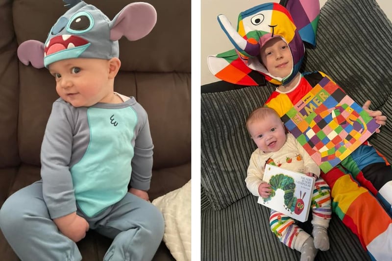 L: Axel age 15 months as Stitch from Lilo and Stitch. R:  A 6-year-old Elmer the Elephant and 4 month-old Hungry Caterpillar