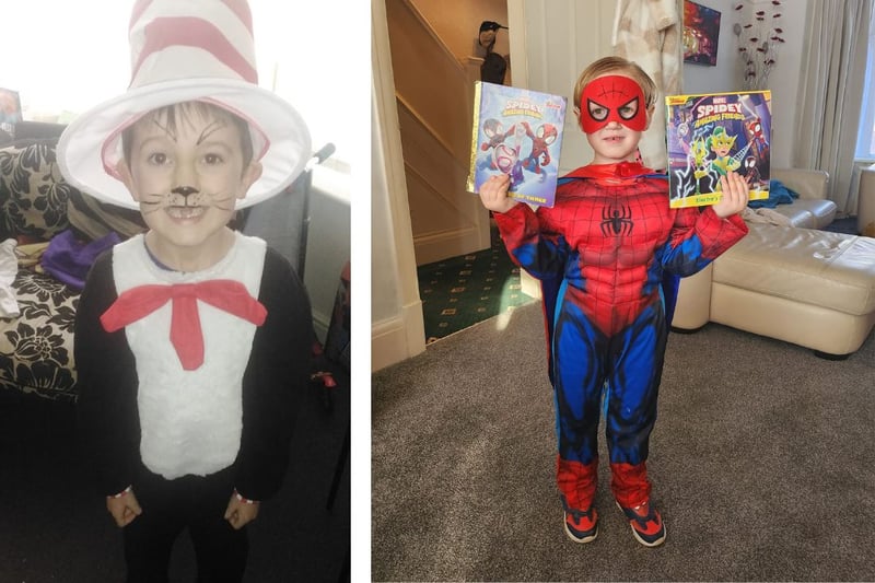 L: Teddy age 6 as Cat in the Hat. R: Arlo age 4 as Spiderman