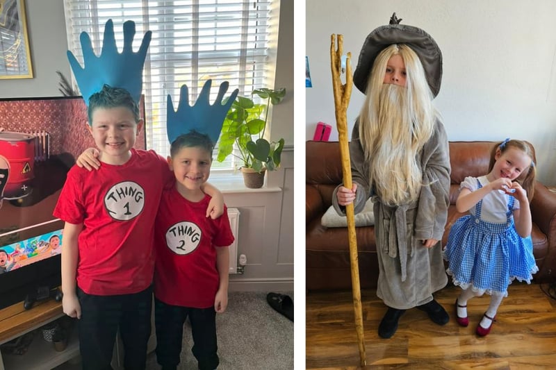 L: Thing 1 and Thing 2. R: Stanley age 8 as Gandalf and Beatrice age 5 as Dorothy