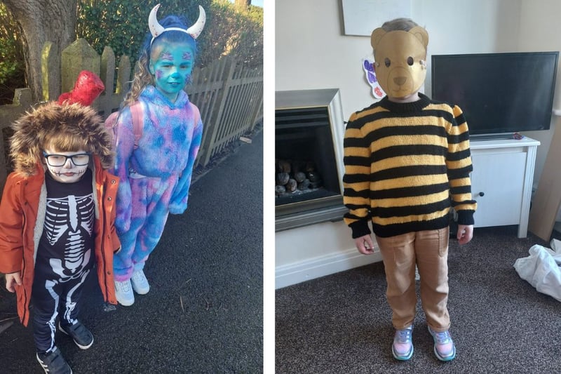 L: Teigan as Sully and Roairi as Skeleton from Funny Bones. R: Poppy age 4 as Bumble Bear