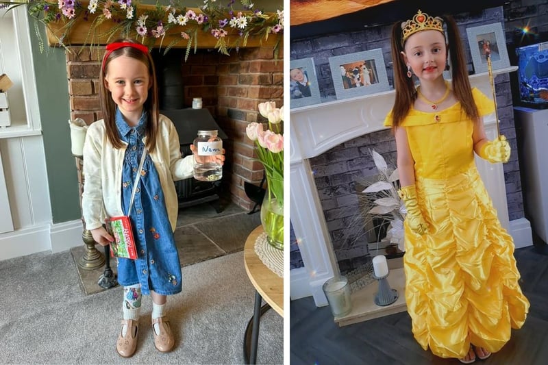L: Willow age 4 as Matilda. R: Bella-Rose as Belle