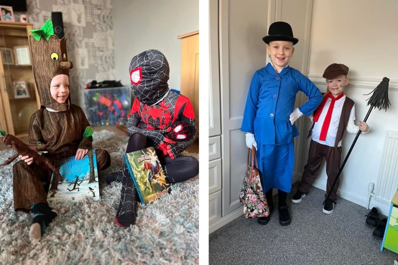 L: 5 year old twins Jaxon as stick man and Mason as spin! R: Mary Poppins and Bert