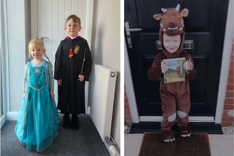 L: Ellis age 6 as Harry Potter and Libby age 3 as Elsa. R: Cobé aged 3 as The Gruffalo