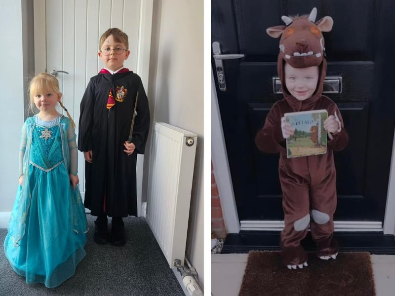 L: Ellis age 6 as Harry Potter and Libby age 3 as Elsa. R: Cobé aged 3 as The Gruffalo