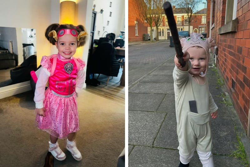 L: Emilia age 4 as Skye from Paw Patrol. R: Mason age 2 as Dobby the elf
