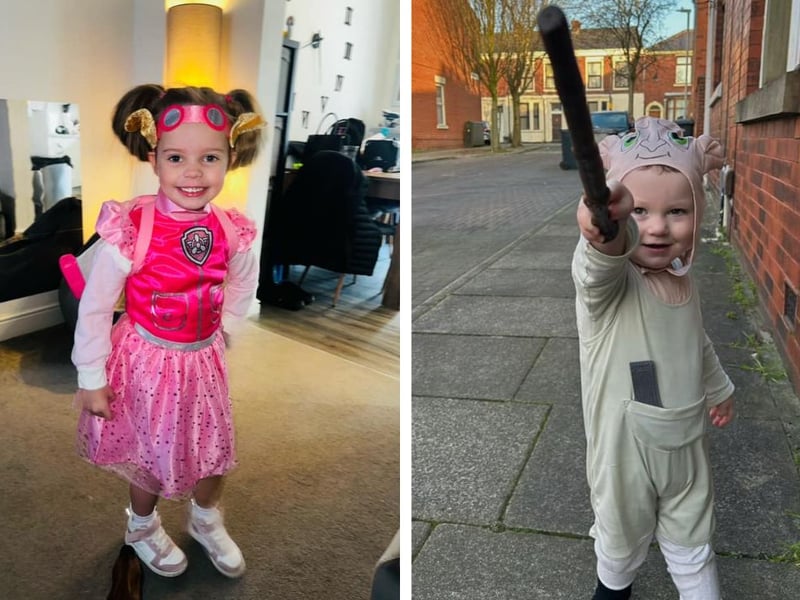 L: Emilia age 4 as Skye from Paw Patrol. R: Mason age 2 as Dobby the elf