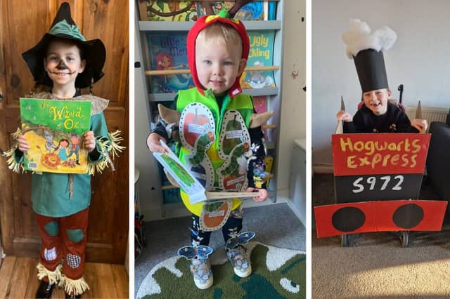 L to R: Gracie age 8 as the Scarecrow from Wizard of Oz, Lucca age 2 as the very hungry caterpillar and Tia age 6 as the Hogwarts Express