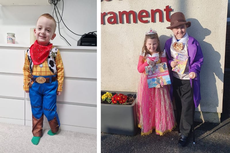 L: Brody age 3 as Woody. R: Aurora and Willy Wonka