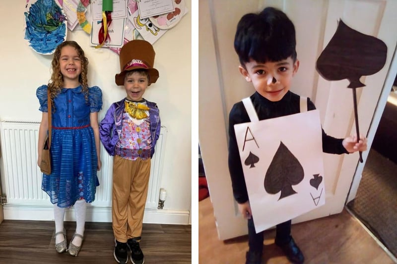 L: Lottie as Matilda and Henry as Willy Wonka. R: Ethan age 6 as a card soldier from Alice In Wonderland 