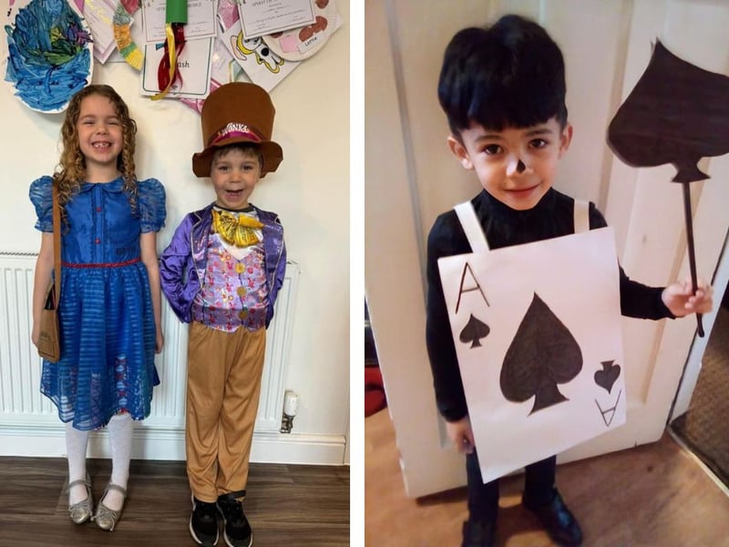 L: Lottie as Matilda and Henry as Willy Wonka. R: Ethan age 6 as a card soldier from Alice In Wonderland