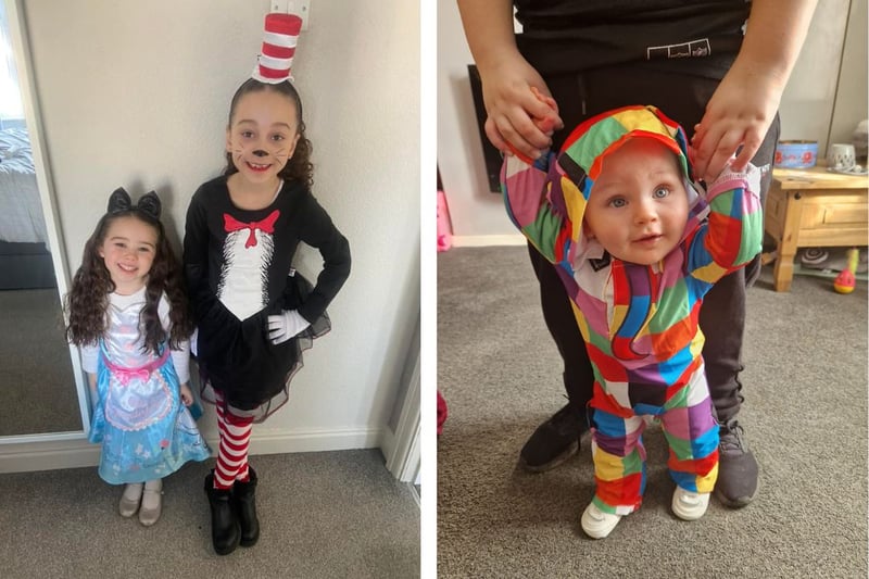 L: Addie age 5 as Alice in Wonderland and Aria age 7 as Cat in the Hat. R: Elijah as Elmer