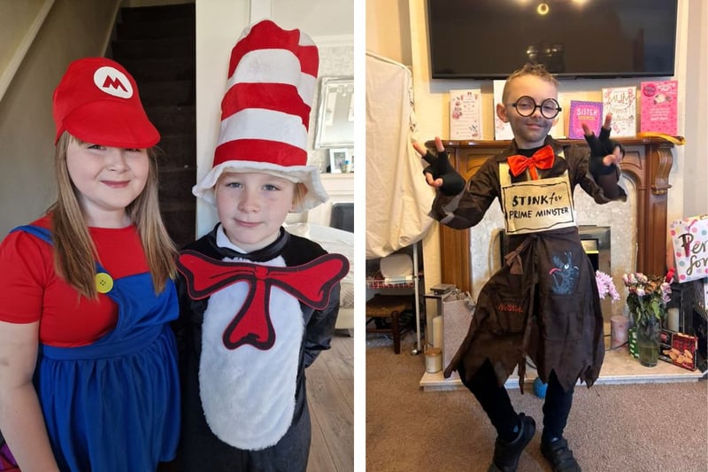 L: Zara age 11 as Mario and Luke age 9 as Cat in the Hat. R: Joseph age 7 as Mr Stink