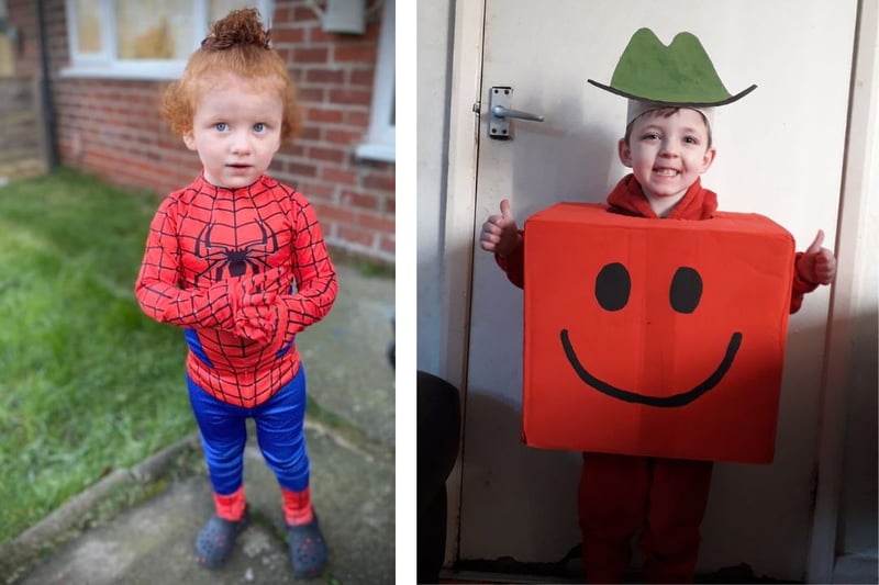 L: Ronnie age 3 as Spiderman. R: Kobi-Shane age 5 as Mr Strong