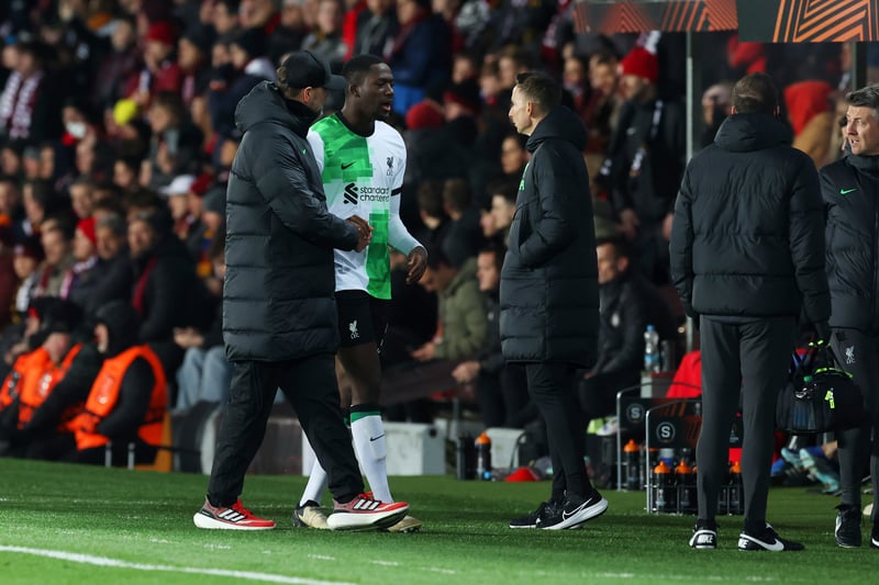 The defender was forced off in the Europa League first-leg win over Sparta Prague and has missed Liverpool's past two games. Klopp admits that it's unlikely Konate will face United but he will be assessed again before the game. Potential return game: Man Utd, Sun 17 March. 