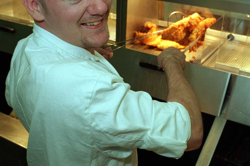 Leeds boasted a top academic training qualification in frying fish and chips in October 1997. Pictured is the first trainee Michael Hallworking at Bryan's.