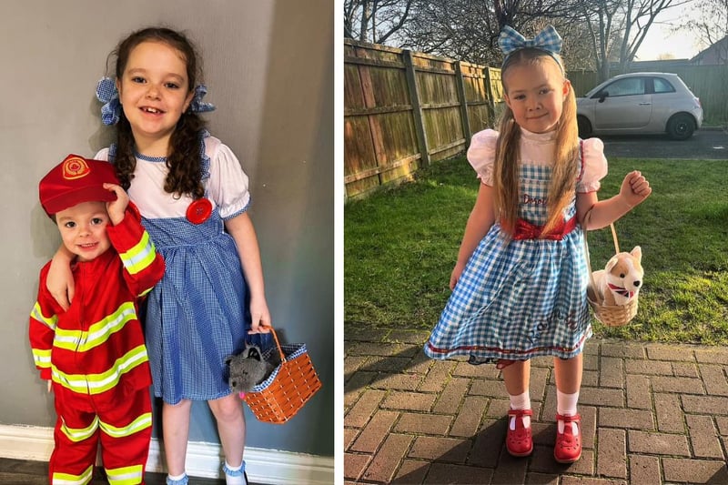 L: Isabelle age 7 as Dorothy amd Elijah age 2 as Fireman Sam. R: Caitlin age 5 also as Dorothy
