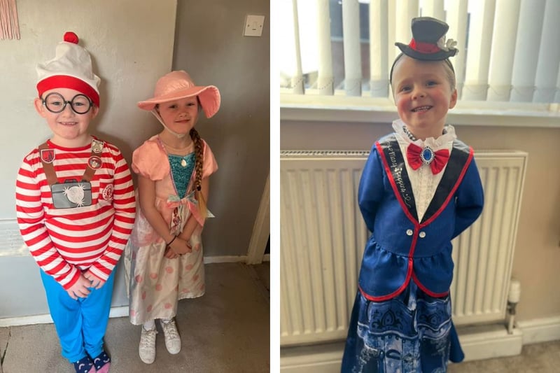 L: Amelia age 8 as Little Bow Peep and Hollie age 7 Where's Wally. R: Isabella age 4 as Mary Poppins.
