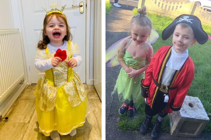 L: Isla-Rose aged 2 as Belle. R: Harrison and Tori, year 1 as Captain Hook and Tinkerbell