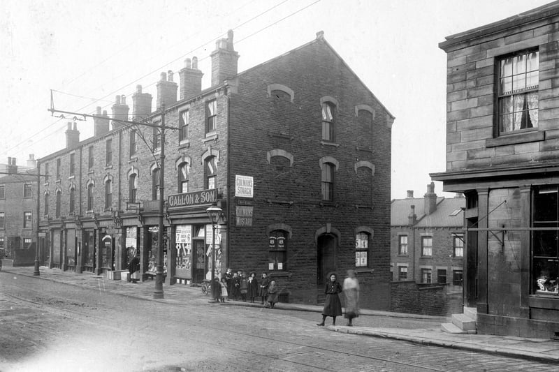 Children are posing for the camera on Town Street in  May 1908. Block of shops from Patchetts Place on the left to Outgang on the right. From the left, number 158, K. Patchett rent collector, next is number 156a Benjamin Walker, pork butcher. Then at number 156 Fred Sharp clothier, number 154 William Thompson draper, number 152 Mrs Mary Thompson, ironmonger, number 150 William Wilson furniture, number 148 William Stead bootmaker, number 146 Baxters chemist shop and number 144 William Gallon and Son grocers. Shop on the extreme right number 142 William Holdsworth, butcher.