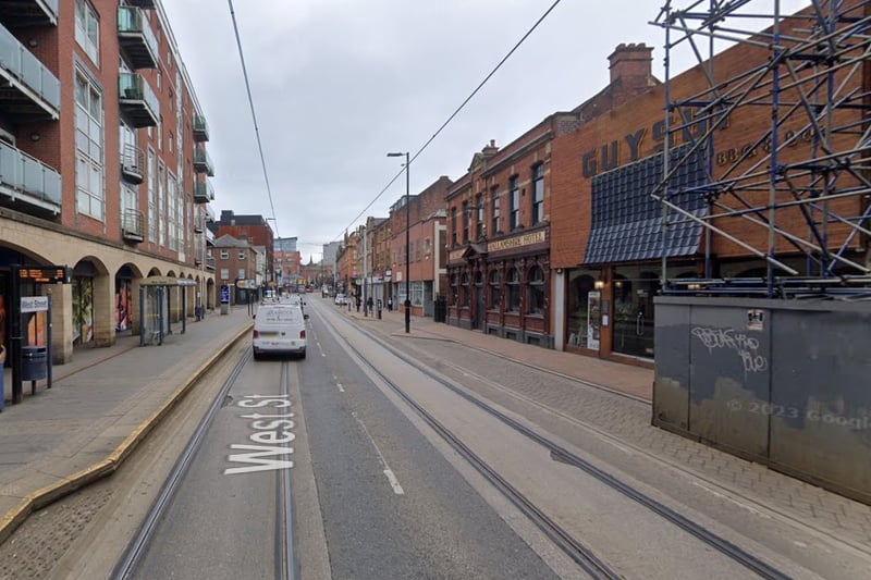 The second-highest number of reports of antisocial behaviour in Sheffield in January 2024 were made in connection with incidents that took place on or near West Street, Sheffield city centre, with 6
