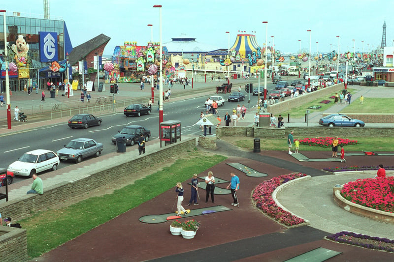 South Shore Promenade, Blackpool showing the South Pier and the Magic of Coronation Street